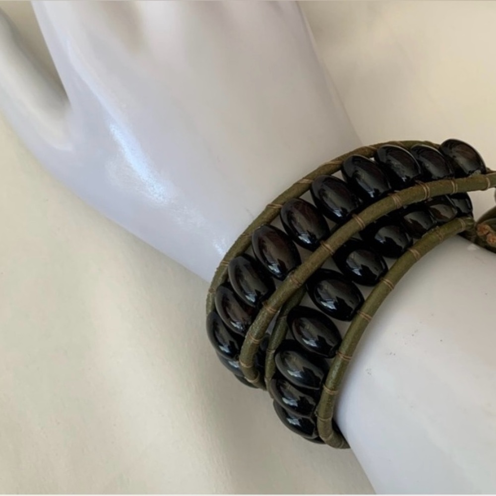 Hand made Agate stone leather wrap Brown and green Beaded Bracelet - Picture 8 of 13